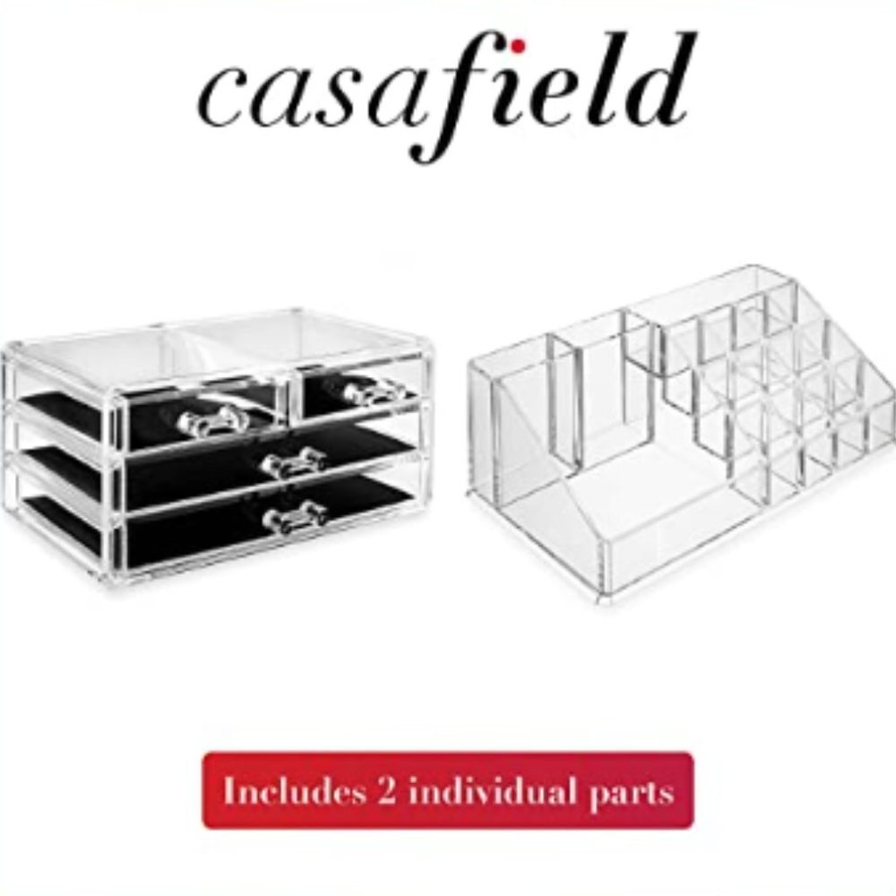 Casafield Acrylic Makeup Organizer‎ Jewelry Storage Display Case Clear 2 Piece